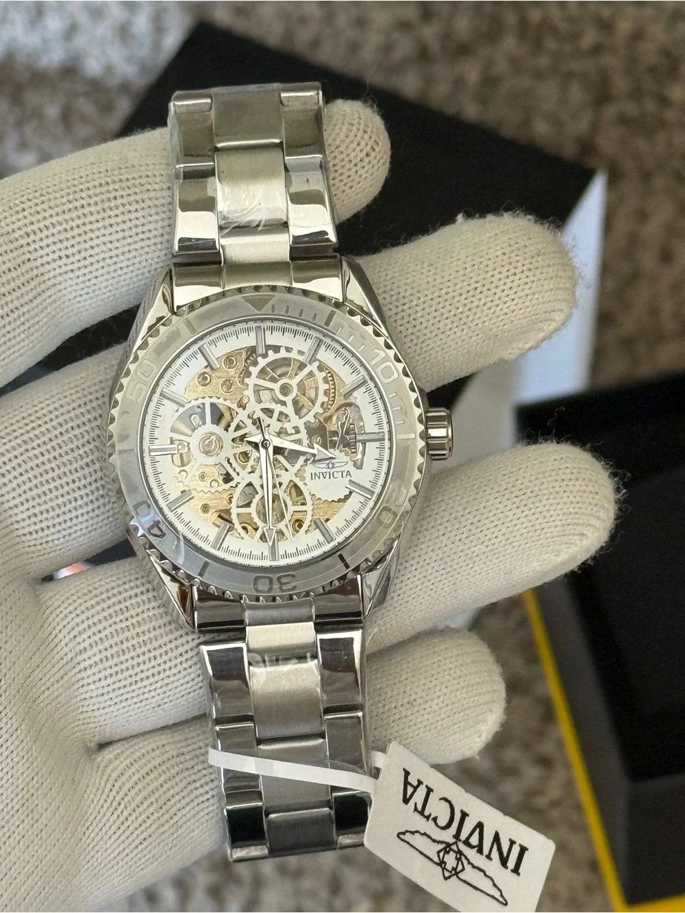 Invicta Silver Skeleton Mechanical Objet D Art Men Watch - Silver/Gold Dial
